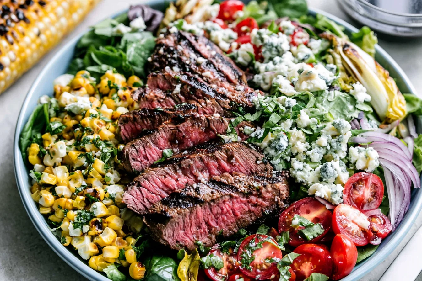Balsamic Steak Gorgonzola Salad served with grilled corn, sliced sirloin steak, cherry tomatoes, red onion, and Gorgonzola crumbles