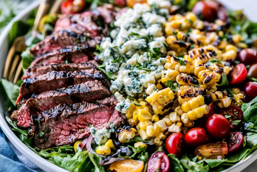 Balsamic Steak Gorgonzola Salad with grilled corn, juicy sliced steak, Gorgonzola cheese, cherry tomatoes, and fresh greens