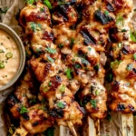 Bang Bang Chicken Skewers drizzled with creamy sauce and garnished with fresh herbs