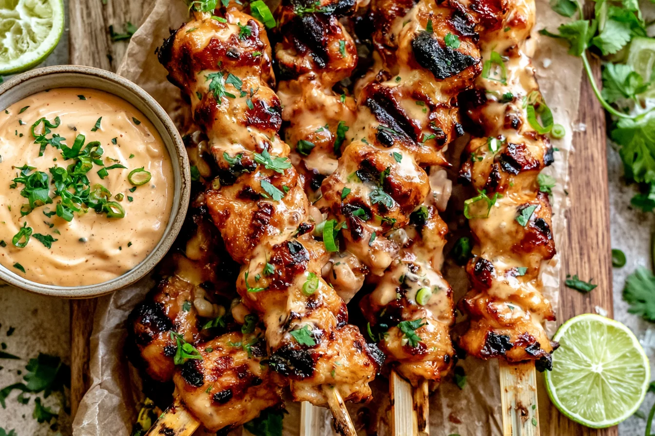 Bang Bang Chicken Skewers drizzled with creamy sauce and garnished with fresh herbs