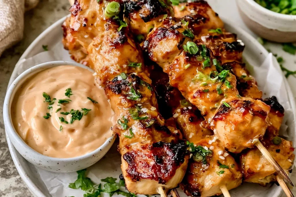 Bang Bang Chicken Skewers served with creamy homemade bang bang sauce and fresh herbs