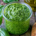 Basil Pesto Recipe with fresh basil leaves and pine nuts served in a rustic glass jar