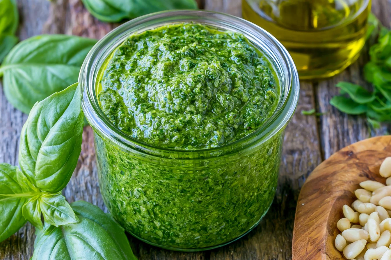 Basil Pesto Recipe with fresh basil leaves and pine nuts served in a rustic glass jar