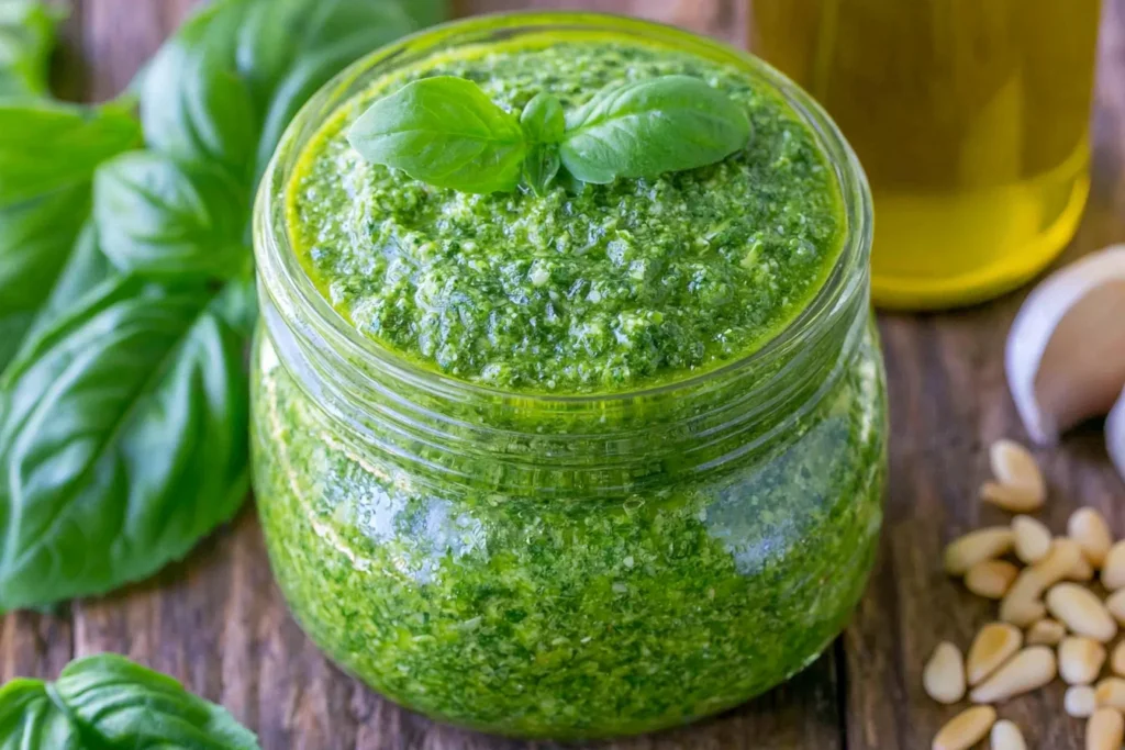 Basil Pesto Recipe made with fresh basil, Parmesan cheese, pine nuts, garlic, and olive oil in a glass jar