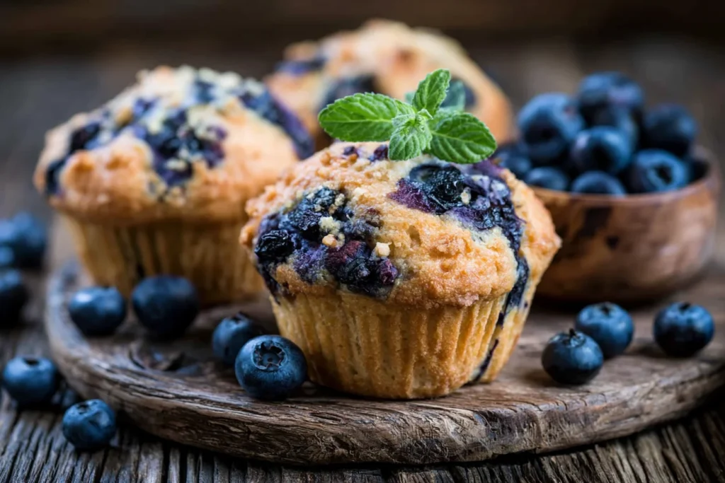 Best Anti-Inflammatory Blueberry Muffins topped with fresh blueberries and served on a rustic wooden platter