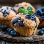 Best Anti-Inflammatory Blueberry Muffins topped with fresh blueberries and served on a rustic wooden platter