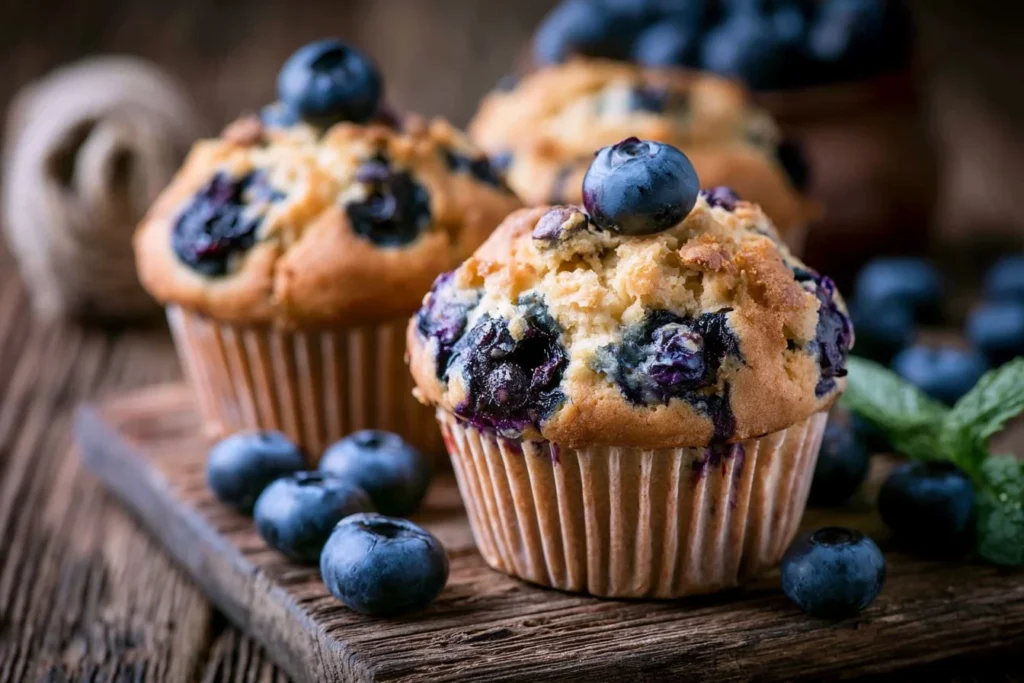 Best Anti-Inflammatory Blueberry Muffins on a rustic wooden board with fresh blueberries
