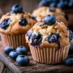 Best Anti-Inflammatory Blueberry Muffins on a rustic wooden board with fresh blueberries