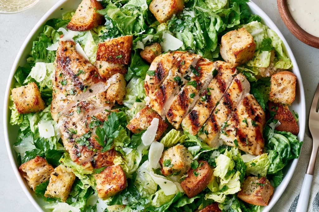 Best Chicken Caesar Salad topped with juicy grilled chicken, crispy homemade croutons, fresh romaine lettuce, and Parmesan cheese