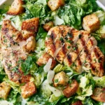 Best Chicken Caesar Salad topped with juicy grilled chicken, crispy homemade croutons, fresh romaine lettuce, and Parmesan cheese