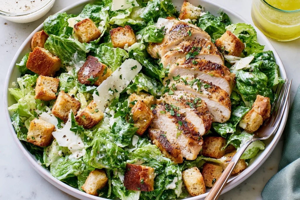 Best Chicken Caesar Salad with grilled chicken breast, homemade croutons, Parmesan shavings, and creamy Caesar dressing