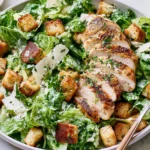 Best Chicken Caesar Salad with grilled chicken breast, homemade croutons, Parmesan shavings, and creamy Caesar dressing