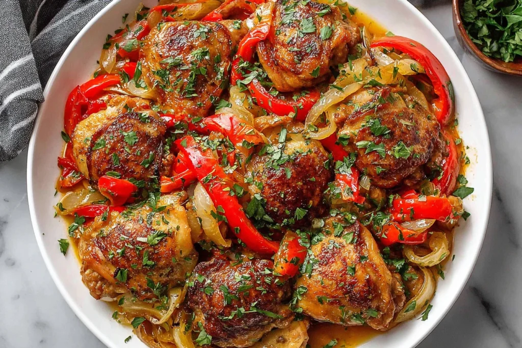 Best Chicken Scarpariello Recipe with juicy chicken thighs, roasted peppers, onions, and fresh parsley garnish