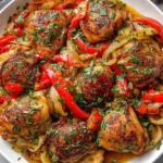 Best Chicken Scarpariello Recipe with juicy chicken thighs, roasted peppers, onions, and fresh parsley garnish