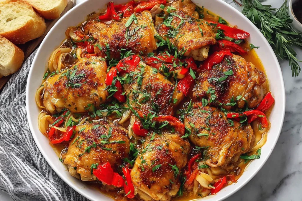 Best Chicken Scarpariello Recipe served with crispy chicken thighs, sweet peppers, onions, and tangy Italian-American sauce
