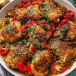 Best Chicken Scarpariello Recipe served with crispy chicken thighs, sweet peppers, onions, and tangy Italian-American sauce