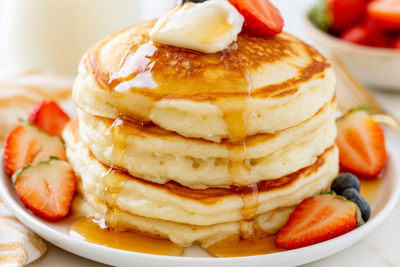 Best Fluffy Pancakes Recipe served with maple syrup, butter, and fresh strawberries