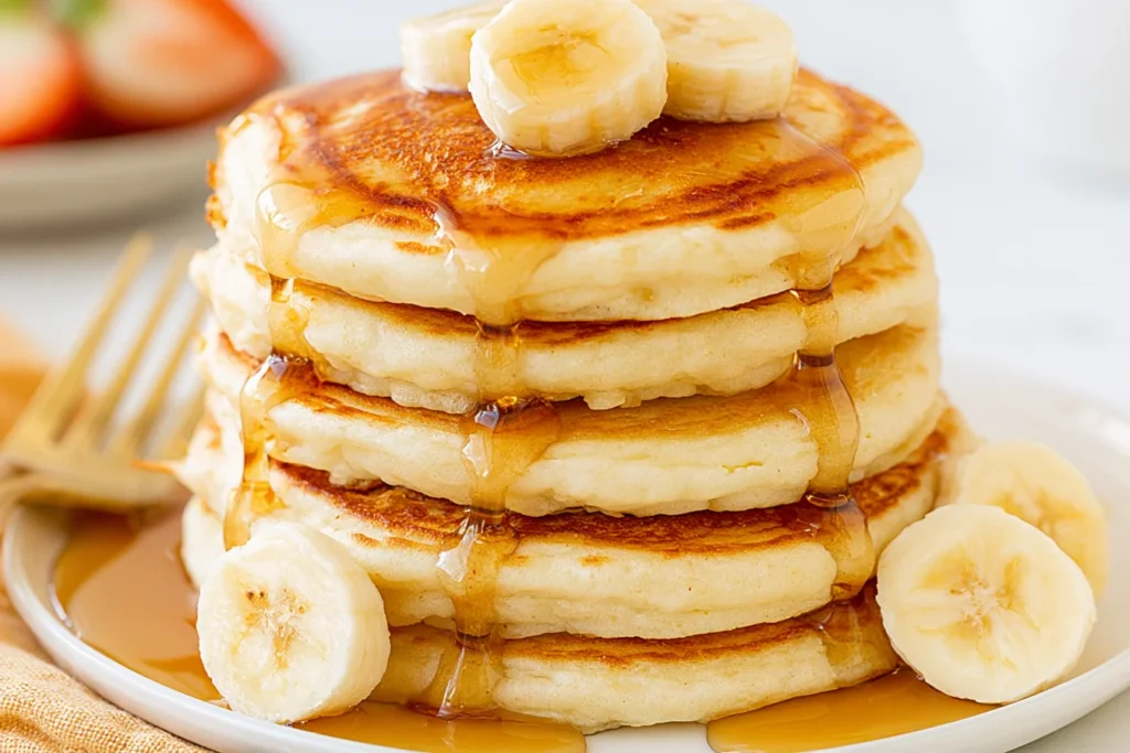 Best Fluffy Pancakes Recipe stacked high with maple syrup and fresh banana slices