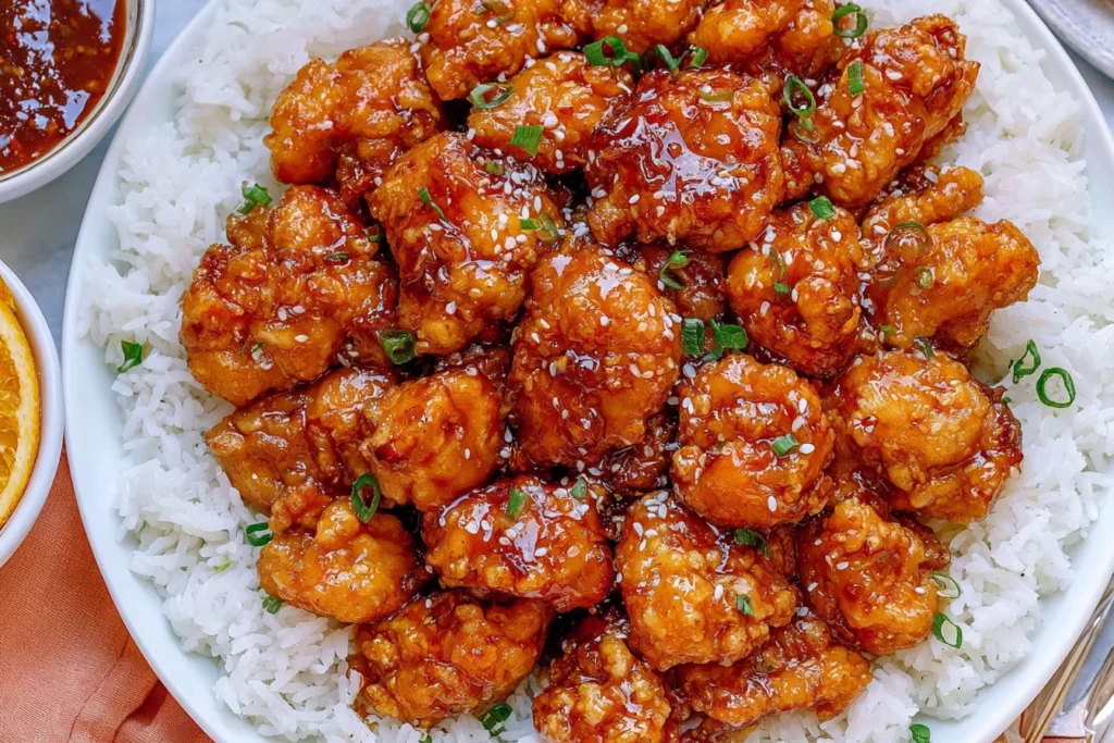 Best Orange Chicken Recipe with crispy bite-sized chicken, sweet orange glaze, sesame seeds, and steamed white rice.