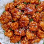 Best Orange Chicken Recipe with crispy bite-sized chicken, sweet orange glaze, sesame seeds, and steamed white rice.