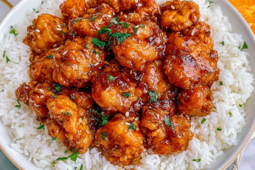 Best Orange Chicken Recipe served over fluffy white rice with crispy chicken coated in a sweet and tangy orange sauce.