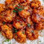 Best Orange Chicken Recipe served over fluffy white rice with crispy chicken coated in a sweet and tangy orange sauce.