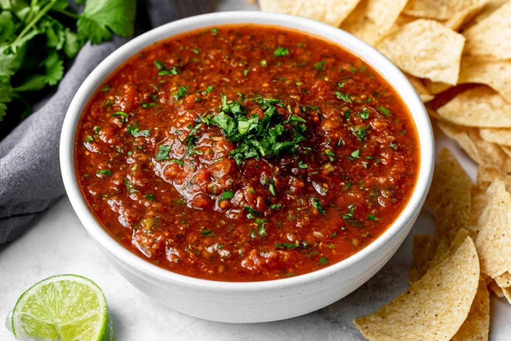 Blender Salsa Recipe in a serving bowl with tortilla chips, lime, and fresh cilantro garnish