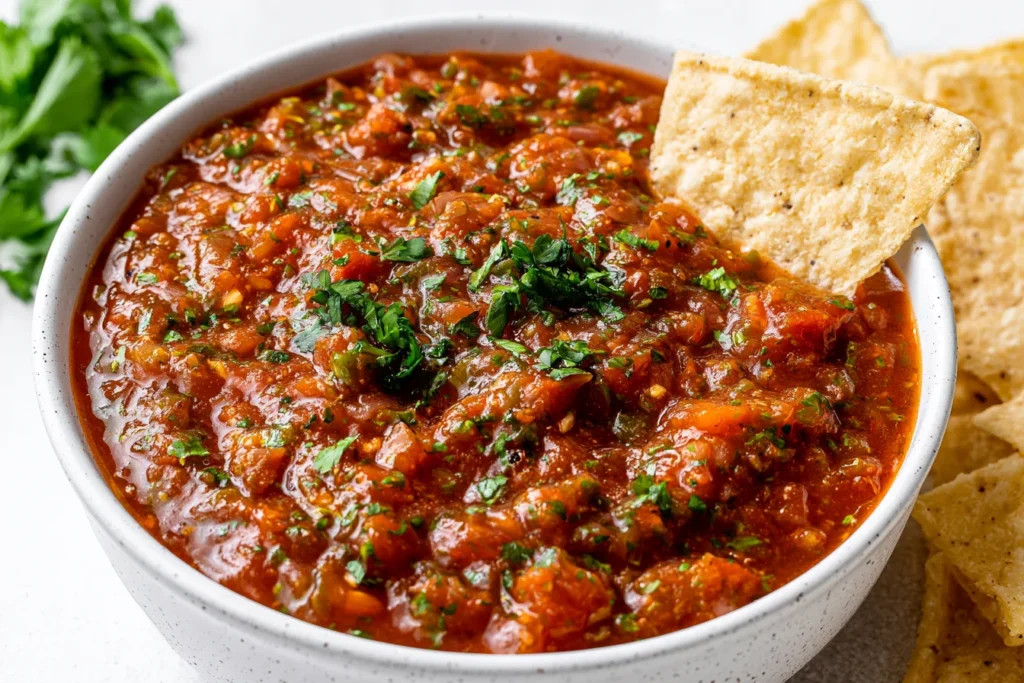 Blender Salsa Recipe served in a bowl with tortilla chips, fresh cilantro, and a chunky restaurant-style texture