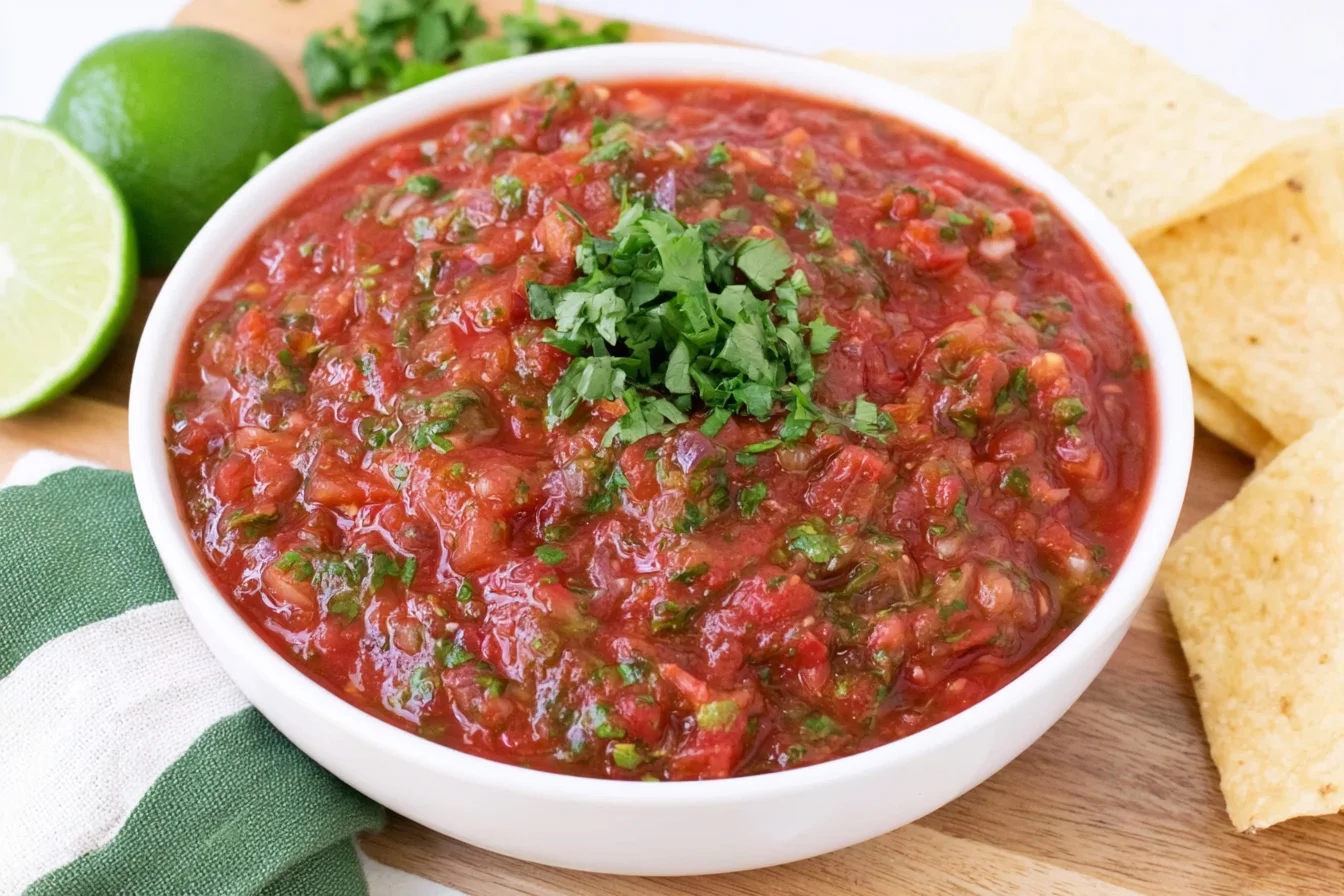 Blender Salsa with Fresh Tomatoes garnished with cilantro and served with tortilla chips and lime wedges