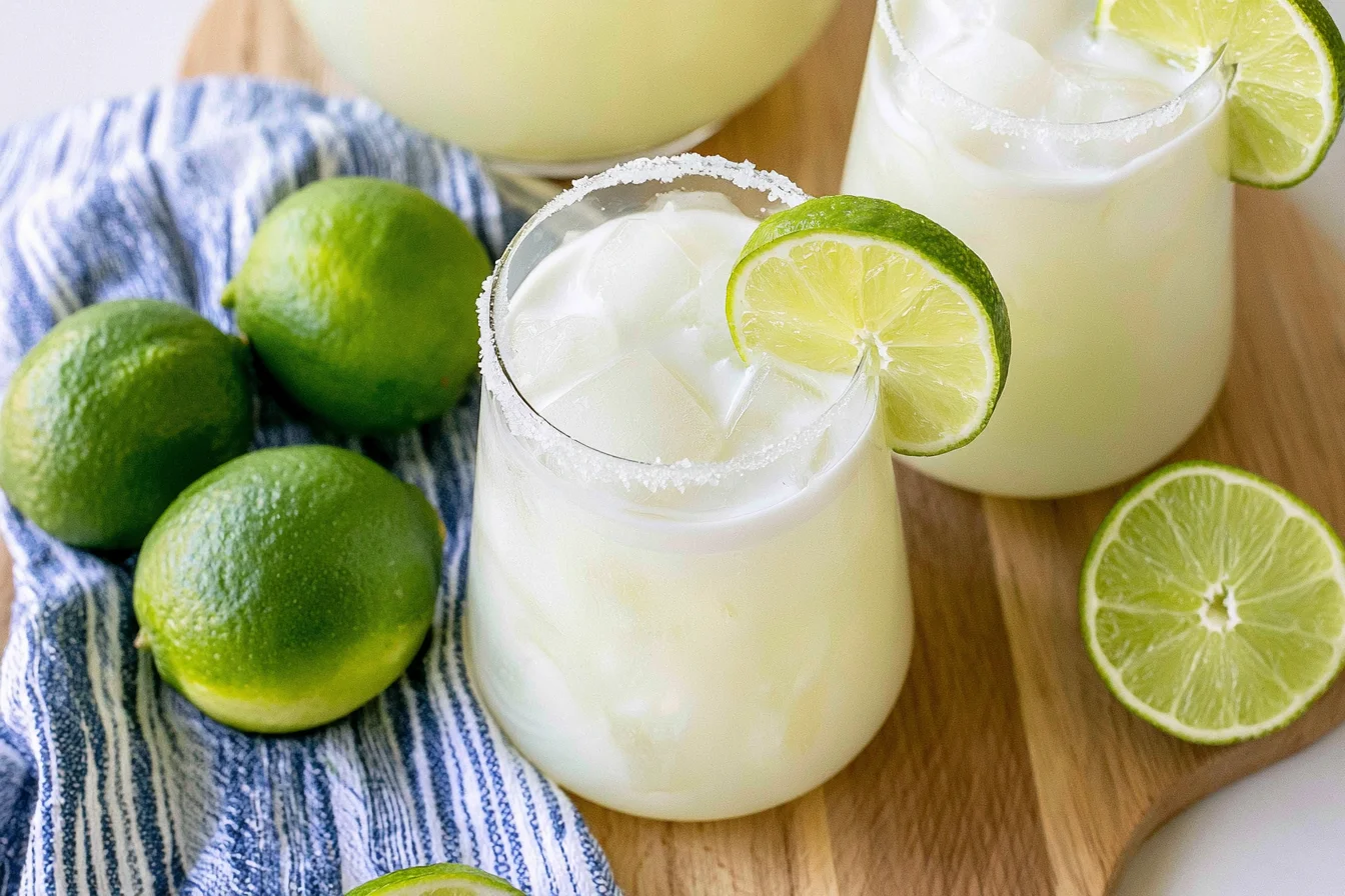 Brazilian Lemonade in a frosty glass with ice cubes and fresh lime garnish