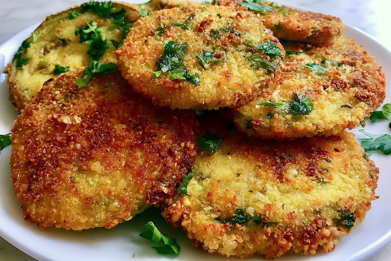 Breaded Eggplant Recipe stacked on a serving plate with crispy breadcrumb coating and Parmesan cheese