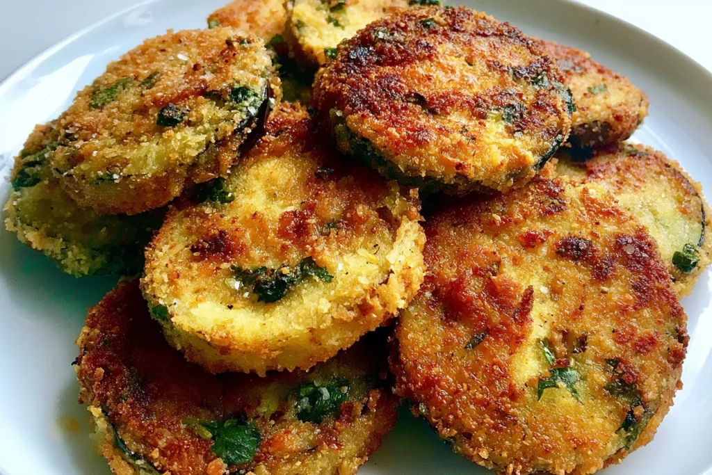 Breaded Eggplant Recipe with crispy golden Parmesan crust and fresh parsley, served Sicilian style