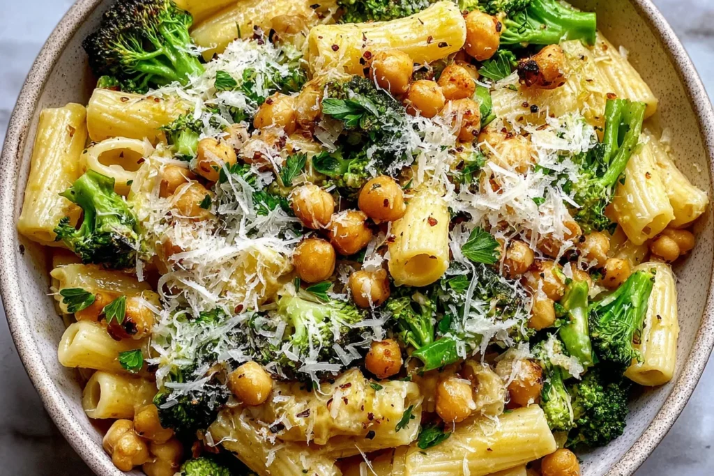 Close-up of Broccoli Chickpea Pasta with Garlic Olive Oil topped with parmesan, roasted chickpeas, and fresh herbs