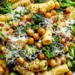 Close-up of Broccoli Chickpea Pasta with Garlic Olive Oil topped with parmesan, roasted chickpeas, and fresh herbs