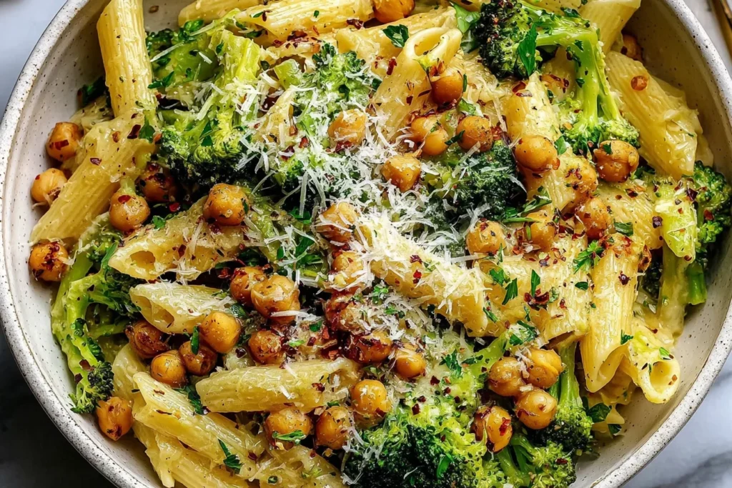 Broccoli Chickpea Pasta with Garlic Olive Oil served with roasted chickpeas, tender broccoli, and grated parmesan cheese