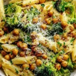 Broccoli Chickpea Pasta with Garlic Olive Oil served with roasted chickpeas, tender broccoli, and grated parmesan cheese
