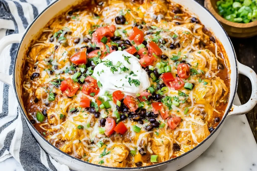 Chicken Black Bean Enchilada Skillet with cheesy chicken, black beans, fresh tomatoes, and sour cream ready to serve