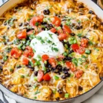 Chicken Black Bean Enchilada Skillet with cheesy chicken, black beans, fresh tomatoes, and sour cream ready to serve
