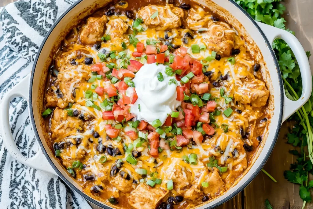 Chicken Black Bean Enchilada Skillet topped with melted cheese, black beans, diced tomatoes, green onions, and sour cream in a white skillet