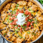 Chicken Black Bean Enchilada Skillet topped with melted cheese, black beans, diced tomatoes, green onions, and sour cream in a white skillet