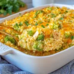 Chicken Broccoli Rice Casserole in a baking dish with a serving spoon lifting a cheesy scoop of chicken, broccoli, and rice