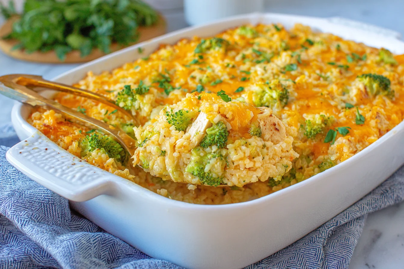 Chicken Broccoli Rice Casserole in a baking dish with a serving spoon lifting a cheesy scoop of chicken, broccoli, and rice