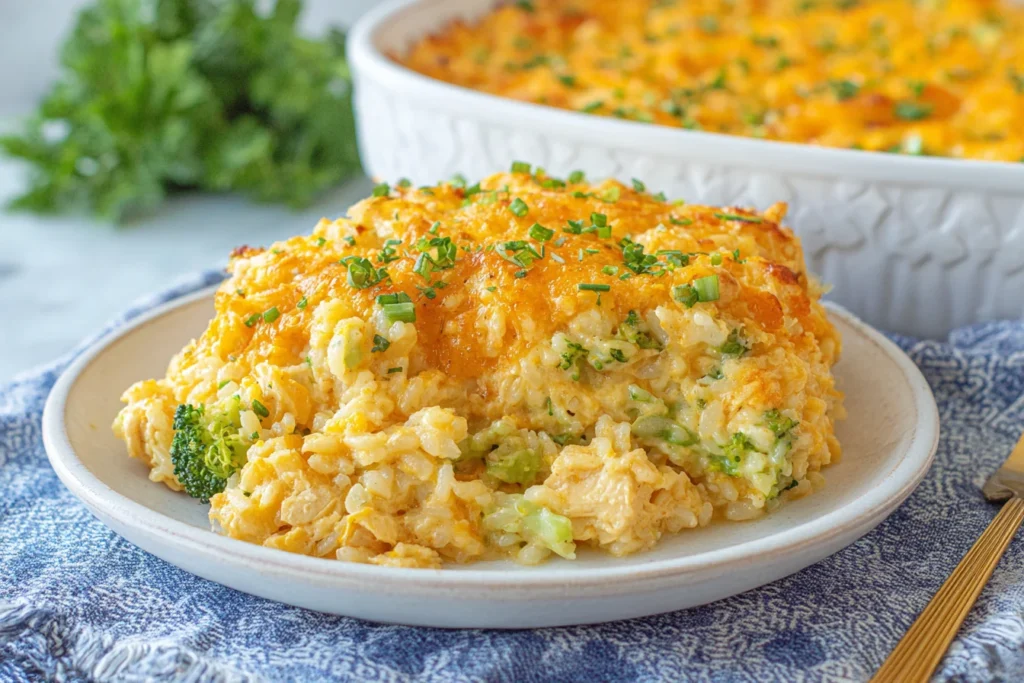 Chicken Broccoli Rice Casserole served on a plate with melted cheddar cheese, tender chicken, broccoli, and creamy rice