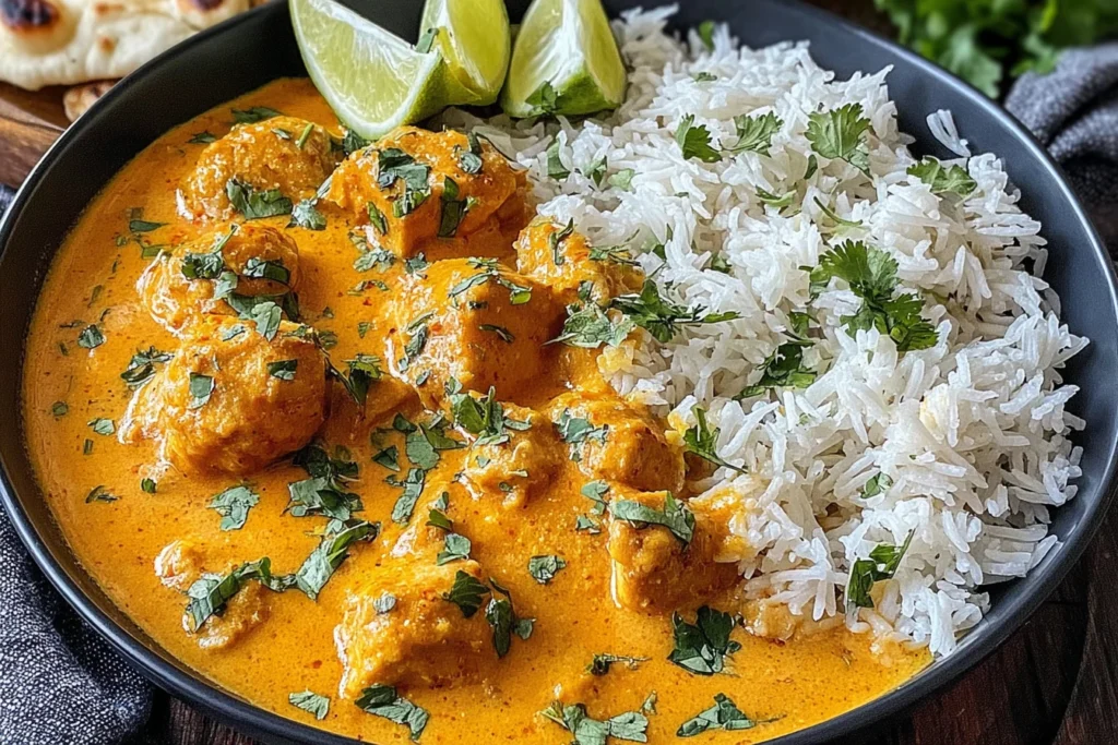 Chicken Curry Indian Recipe with creamy coconut curry sauce, basmati rice, cilantro, and fresh lime