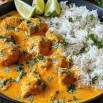 Chicken Curry Indian Recipe with creamy coconut curry sauce, basmati rice, cilantro, and fresh lime