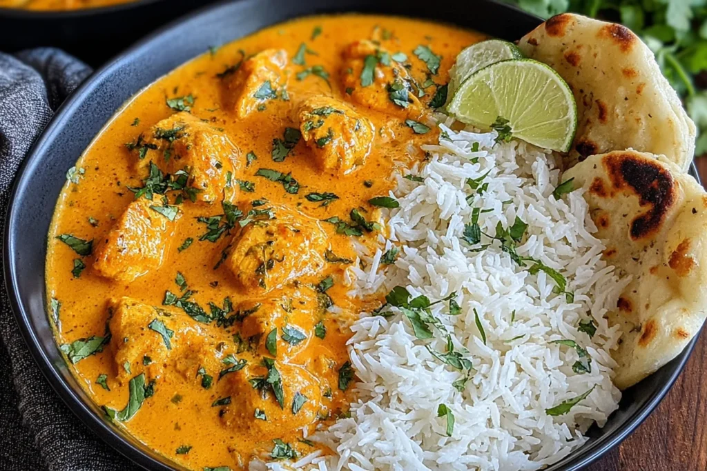 Chicken Curry Indian Recipe served with fluffy basmati rice, naan bread, fresh cilantro, and lime wedges