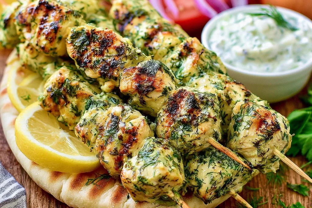 Chicken Souvlaki Recipe with herb-marinated grilled chicken skewers on warm pita bread and homemade tzatziki sauce