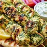 Chicken Souvlaki Recipe with herb-marinated grilled chicken skewers on warm pita bread and homemade tzatziki sauce