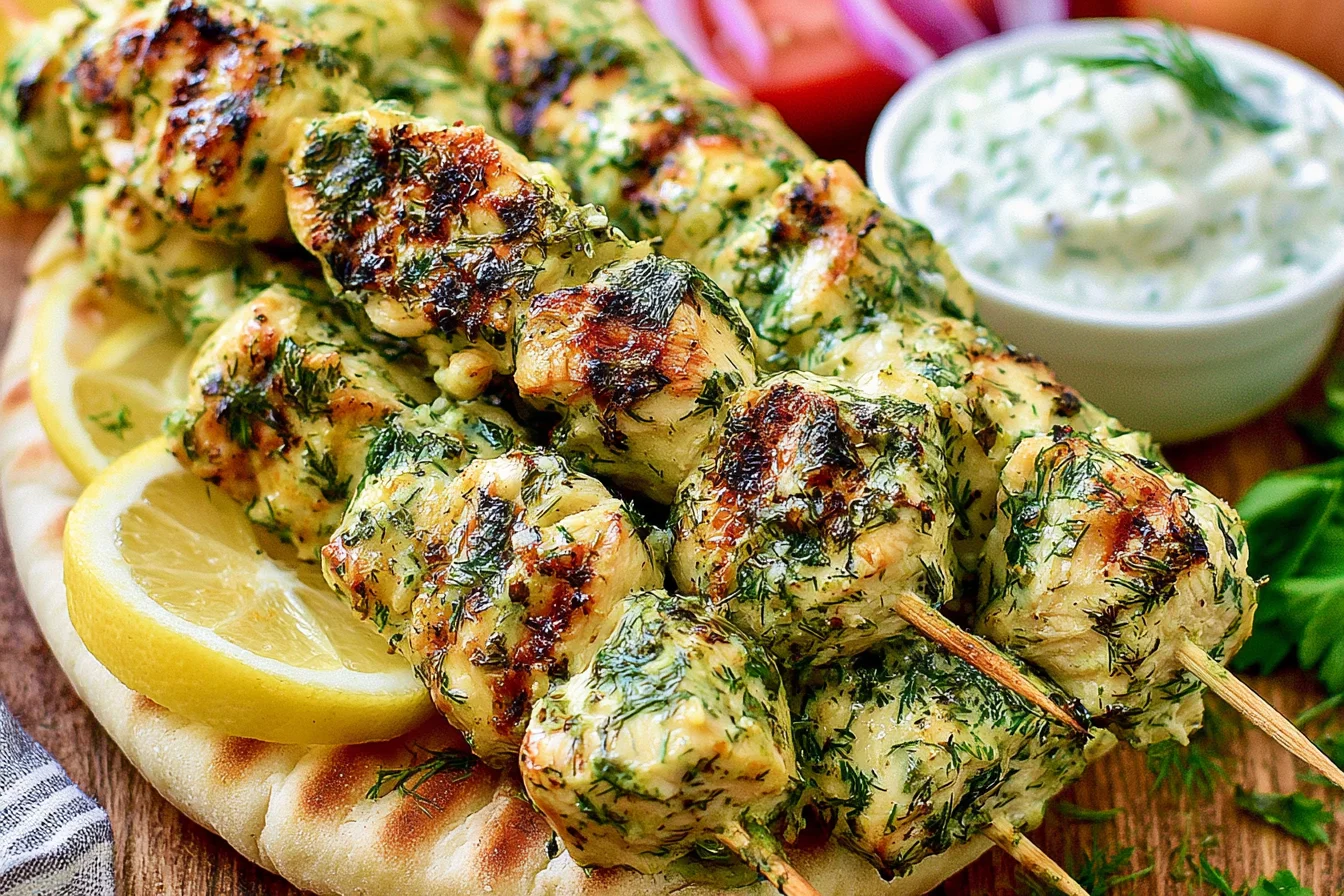 Chicken Souvlaki Recipe with herb-marinated grilled chicken skewers on warm pita bread and homemade tzatziki sauce