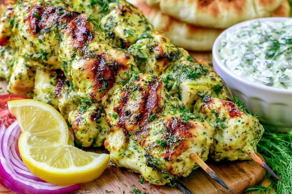 Chicken Souvlaki Recipe served with grilled Greek chicken skewers, tzatziki sauce, lemon wedges, and red onions
